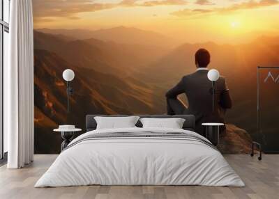 Businessman dressed in a stylish suit sitting atop a mountain. Generative AI
 Wall mural