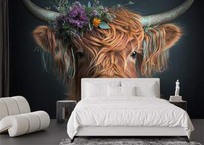 Scottish highland cow. Beautiful highland cow with flowers on her head floral headband. Generative AI Wall mural