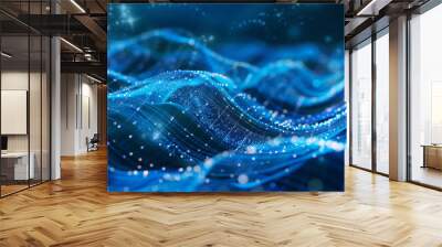 Abstract blue background with glowing waves and dots in the style of digital technology, a futuristic concept. Information technology exchange. Digital data flow or internet connection. Wall mural