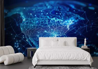 Abstract digital blue outline of North America on a dark background. Wall mural