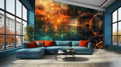 Abstract technology background with gear wheels. toned image, double exposure Wall mural