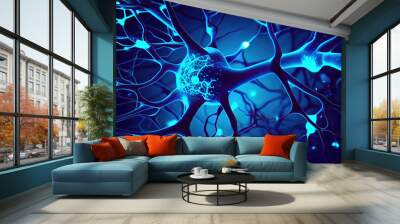 active neuron brain cells with tumor, electrical chemical light signals, abstract scientific backgro Wall mural