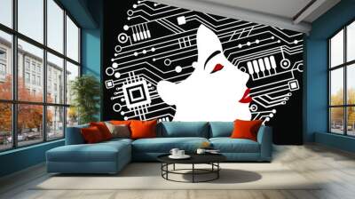 Beautiful techno woman communication profile. Beauty face with black hair made of circuit, red lips. Vector illustration with place for your text. Wall mural