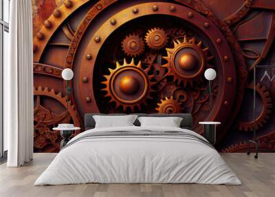 Vintage old machine gears wheels, steampunk textured grunge background. Generative AI. Wall mural