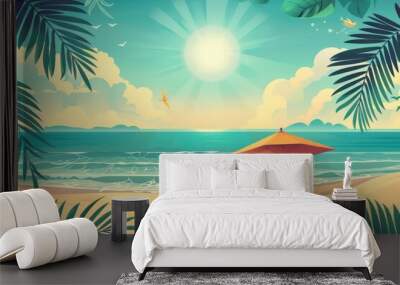 A beach scene with an orange umbrella and two orange starfish Wall mural