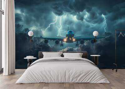 A blue airplane is flying through a stormy sky Wall mural