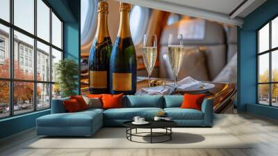 A bottle of champagne and two glasses of champagne on a table in private jet at airport. Travel concept Wall mural