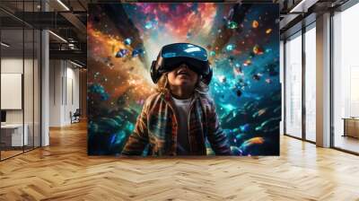 A boy wearing VR headset user, surreal world and virtual reality, colorful flowers fields. Generative AI Wall mural