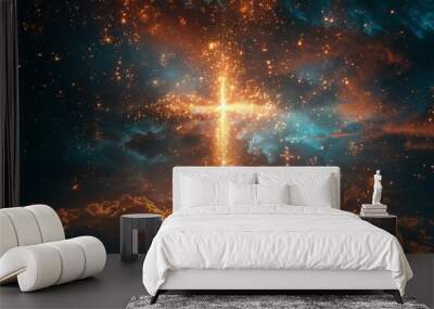 A bright orange cross is lit up in the sky, surrounded by clouds Wall mural