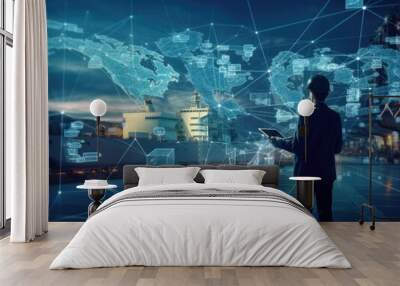 A businessman looking at the virtual interface panel of the global logistics network for distribution and transportation, Smart Logistics. Generative AI Wall mural