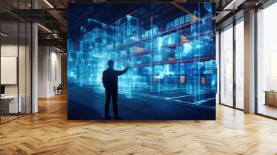 A businessman looking at the virtual interface panel of the global logistics network for distribution and transportation, Smart Logistics. Generative AI Wall mural