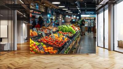 A busy grocery store with people shopping for produce Wall mural