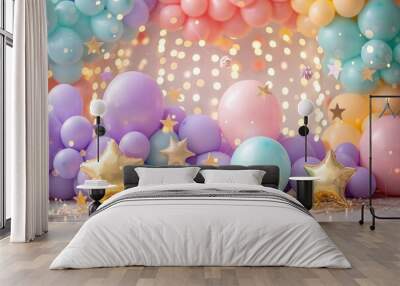 A colorful room with a lot of balloons and stars Wall mural