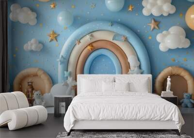 A colorful room with a rainbow balloon arch and a couch. Celebrate Party backdrop Wall mural