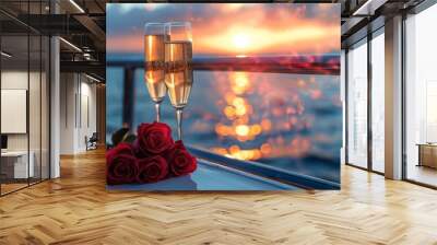 A couple of champagne glasses are on a table with a bouquet of red roses Wall mural