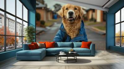 A dog is holding a cardboard box in its mouth. delivery concept Wall mural