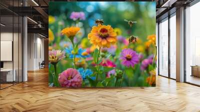 A field of flowers with bees flying around them Wall mural