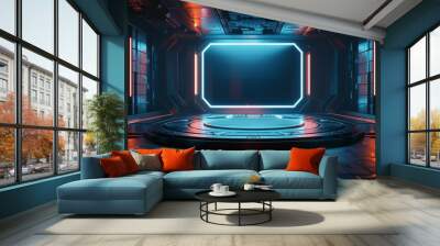 A futuristic space with a blue screen in the center Wall mural