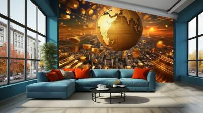 A gold globe, earth finance concept economy global business, skyscrapers in the background. Generative AI Wall mural