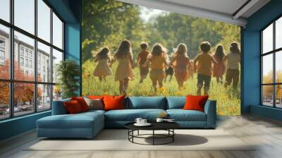 A group of children are running through a field of flowers Wall mural