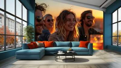 A group of people are sitting at a table with drinks and smiling Wall mural