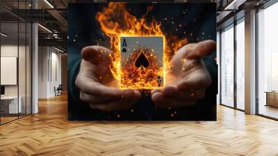 A hand holding a card with a fire symbol on it Wall mural