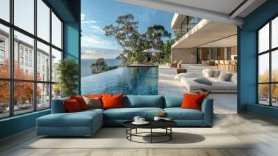 A large pool with a white umbrella and a view of the ocean Wall mural