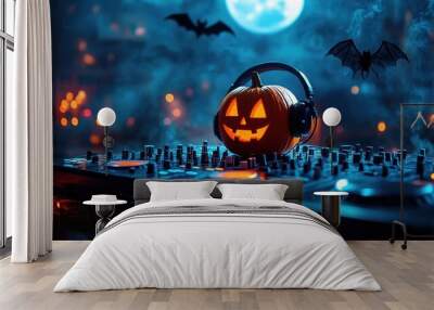 A pumpkin with a pair of headphones on top of a DJ console Wall mural