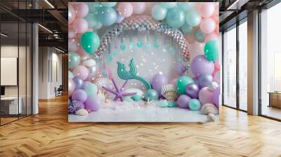 A room decorated with a lot of balloons and a mermaid theme Wall mural