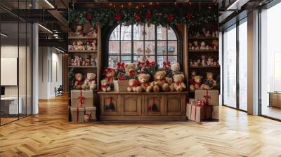 A room filled with teddy bears and presents, with a wreath on the window Wall mural