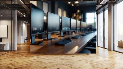 A row of computer monitors are on a desk in a room Wall mural