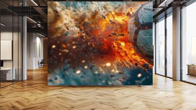 A soccer ball is in the air with a fire trail behind it Wall mural