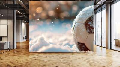 A soccer ball or football is sitting in the snow Wall mural