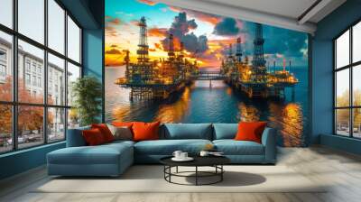 A sunset over the ocean with two oil rigs in the water Wall mural