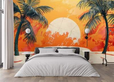 A white pedestal with a red stain on it is surrounded by palm trees Wall mural