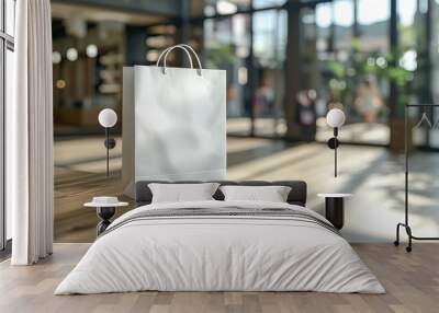 A white shopping bag sits on a wooden table in a shopping mall Wall mural