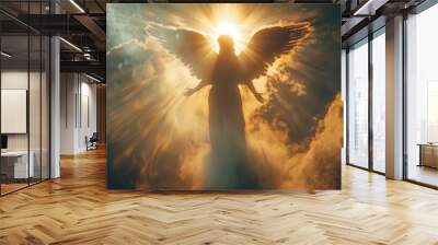 A woman angel is standing in the sky with her wings spread out Wall mural