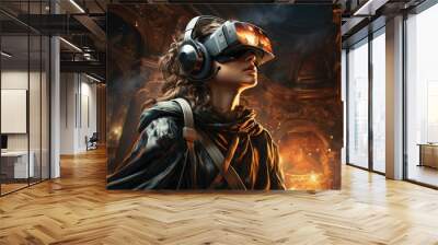 A woman wearing VR headset user, surreal world and virtual reality, the background is ancient architecture. Generative AI Wall mural