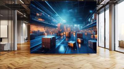 Abstract large warehouse with rows of multiple stacks of boxes and merchandise, futuristic warehouse. Generative AI Wall mural