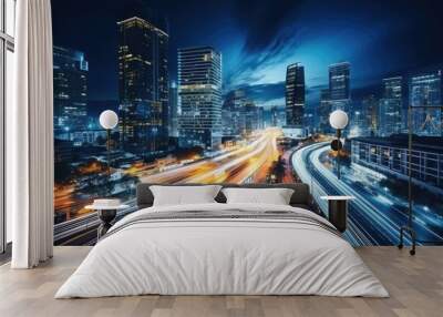 Abstract night cityscape background. Smart city, ai and digital transformation concept. Double exposure Wall mural