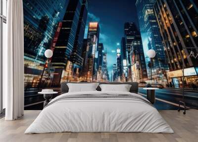 Abstract night cityscape background. Smart city, ai and digital transformation concept. Double exposure Wall mural