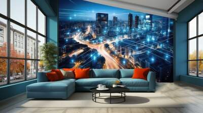 Abstract night cityscape background. Smart city, ai and digital transformation concept. Double exposure Wall mural