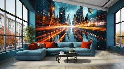 Abstract night cityscape background. Smart city, ai and digital transformation concept. Double exposure Wall mural