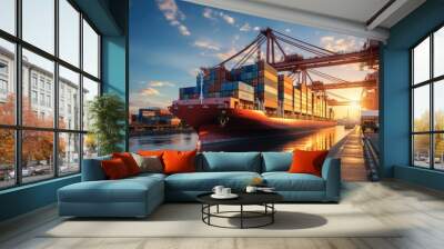 Business logistics and transportation concept of a container cargo ship and cargo with a working crane bridge in a shipyard and a sunset in the background. Generative AI Wall mural