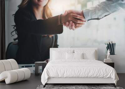 Business partnership meeting concept. Image business women handshake. Successful business people handshaking after good deal. Group support concept. Wall mural