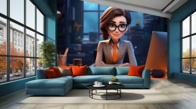 Business woman cartoon character working at office. Generative AI Wall mural