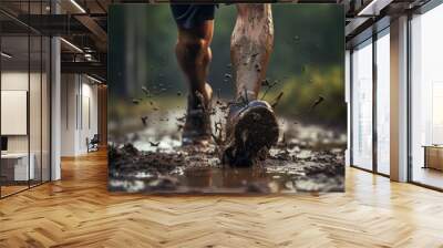 Close up athlete feet trail running with raining day. Sport and Healthy concept. Generative AI Wall mural