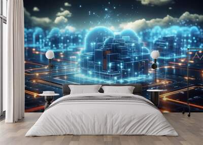 Cloud computing transfer big data on internet. futuristic digital technology .Generative AI Wall mural