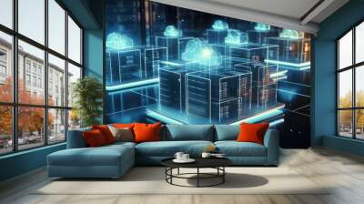 Cloud computing transfer big data on internet. futuristic digital technology .Generative AI Wall mural