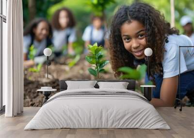 Diverse Volunteer People Planting Tree. Generative AI Wall mural